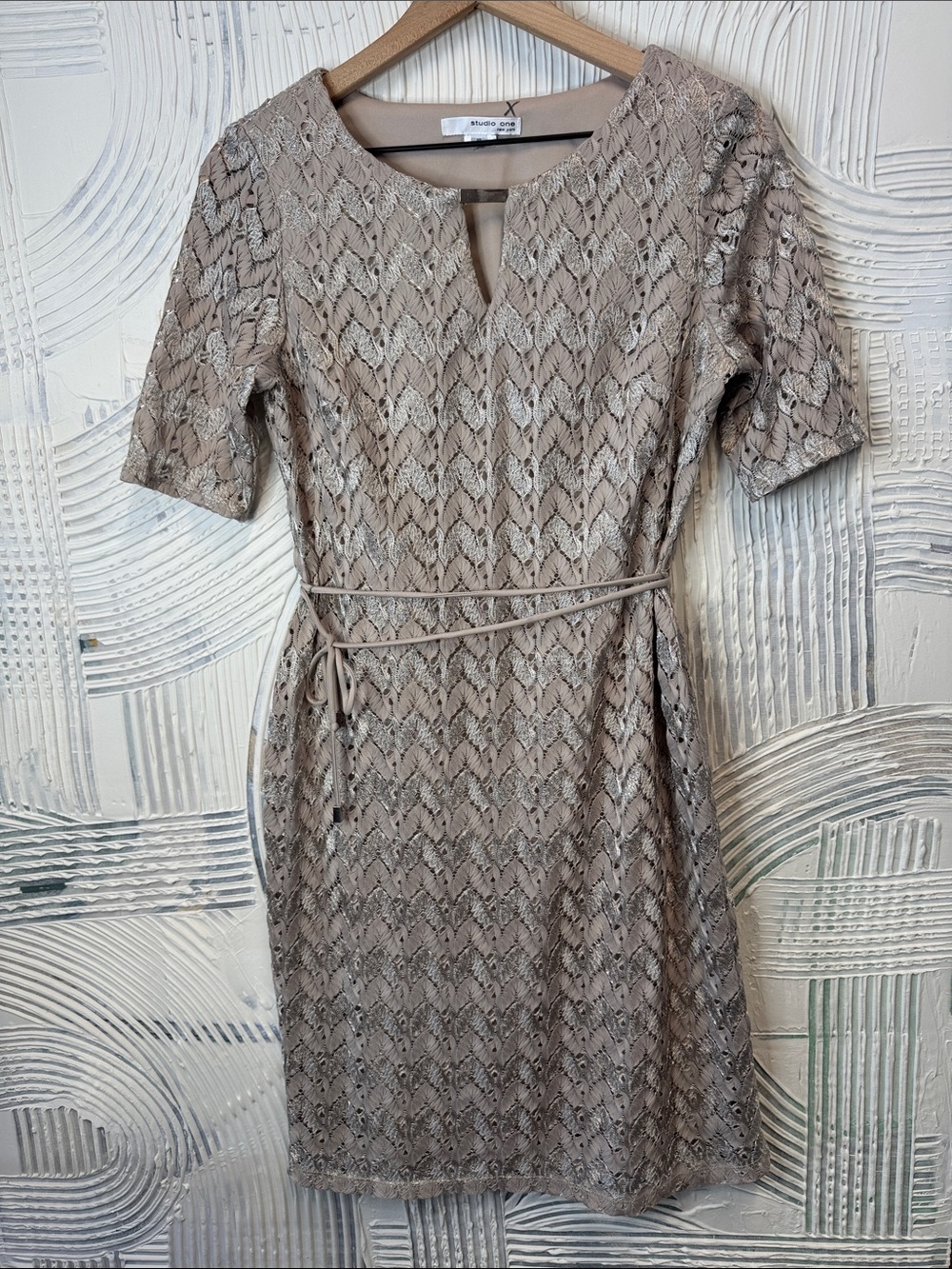 Studio One Taupe Lace Midi Dress with Waist Tie N0627